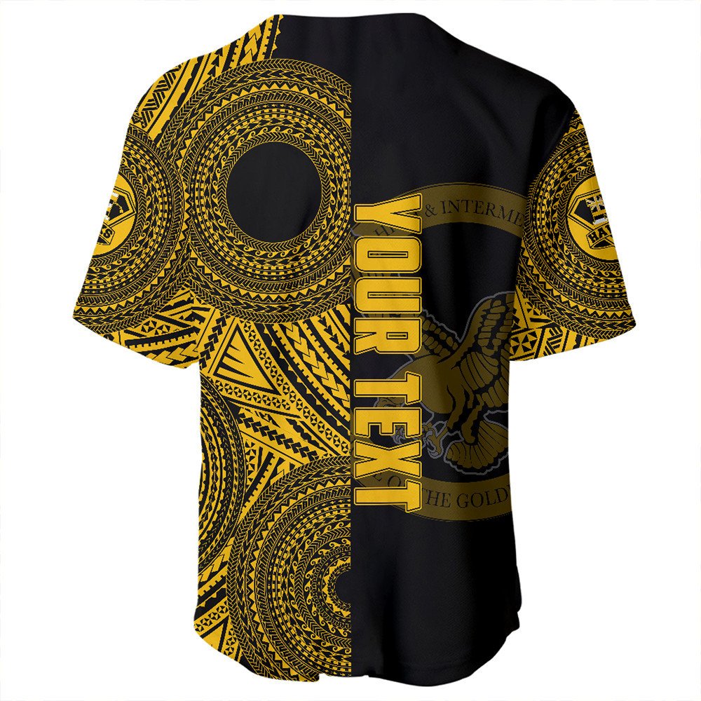 Back view: black baseball jersey with gold tribal swirl print and vertical lettering
