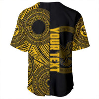 Back view: black baseball jersey with gold tribal swirl print and vertical lettering