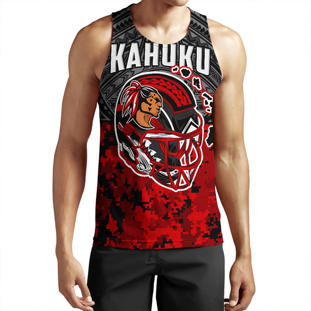 Black/red tank top with Kahuku text and rooster mascot front graphic