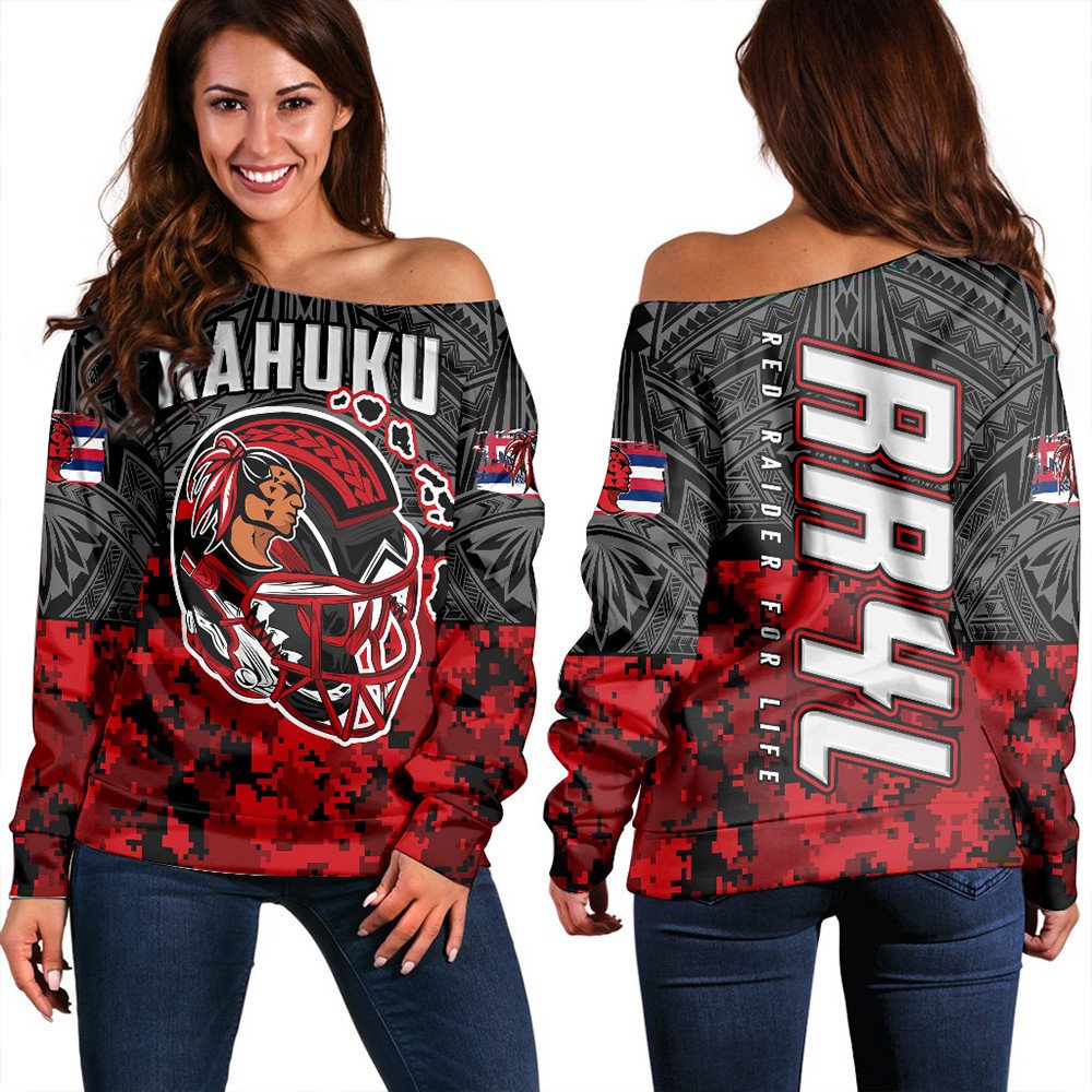 Women’s off-shoulder sweatshirt, black with red digital camo and large white Native graphic