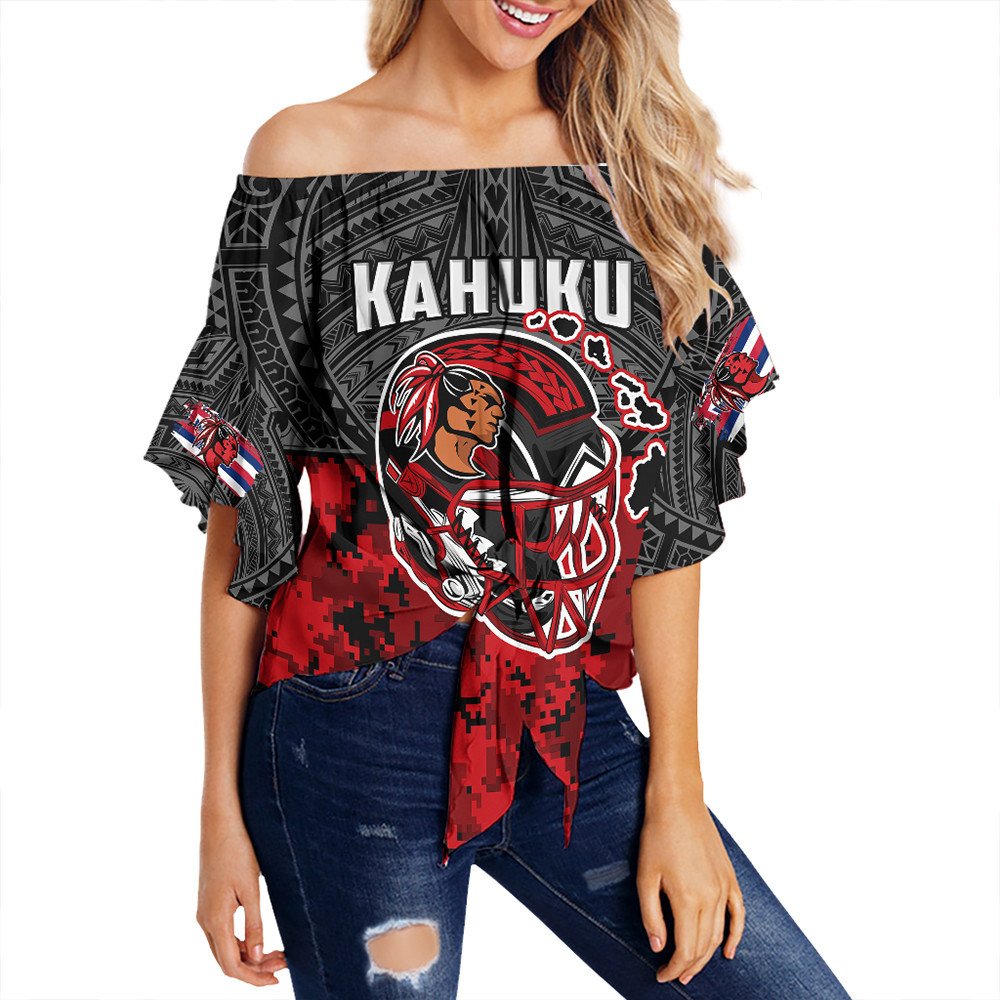 Black off-shoulder wrap waist top with tribal pattern and red warrior graphic