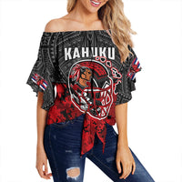 Black off-shoulder wrap waist top with tribal pattern and red warrior graphic