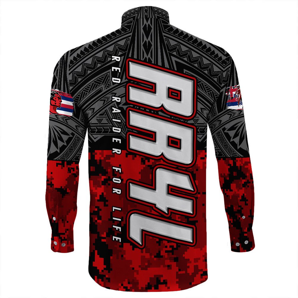 Polynesian Shirt Red Raider For Life Long Sleeve Button Shirt LT10 - Wonder Print Shop