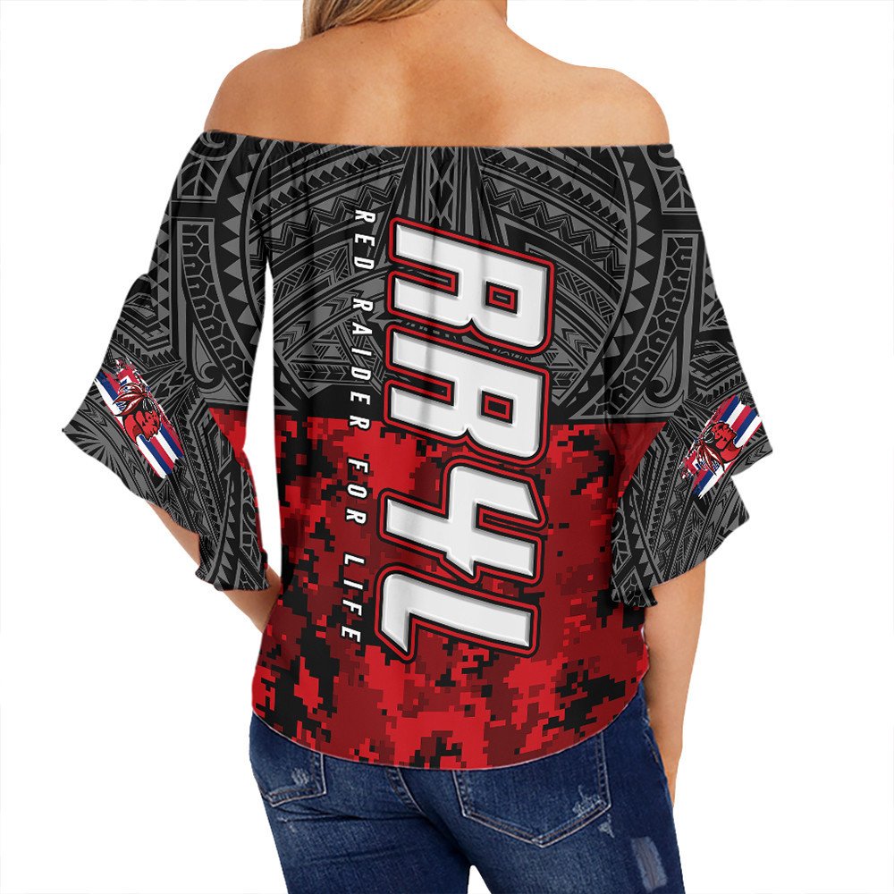 Back of black off-shoulder wrap waist top, red pixel design, large red-and-white text