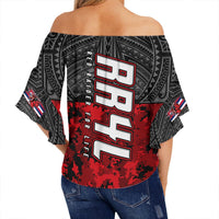 Back of black off-shoulder wrap waist top, red pixel design, large red-and-white text