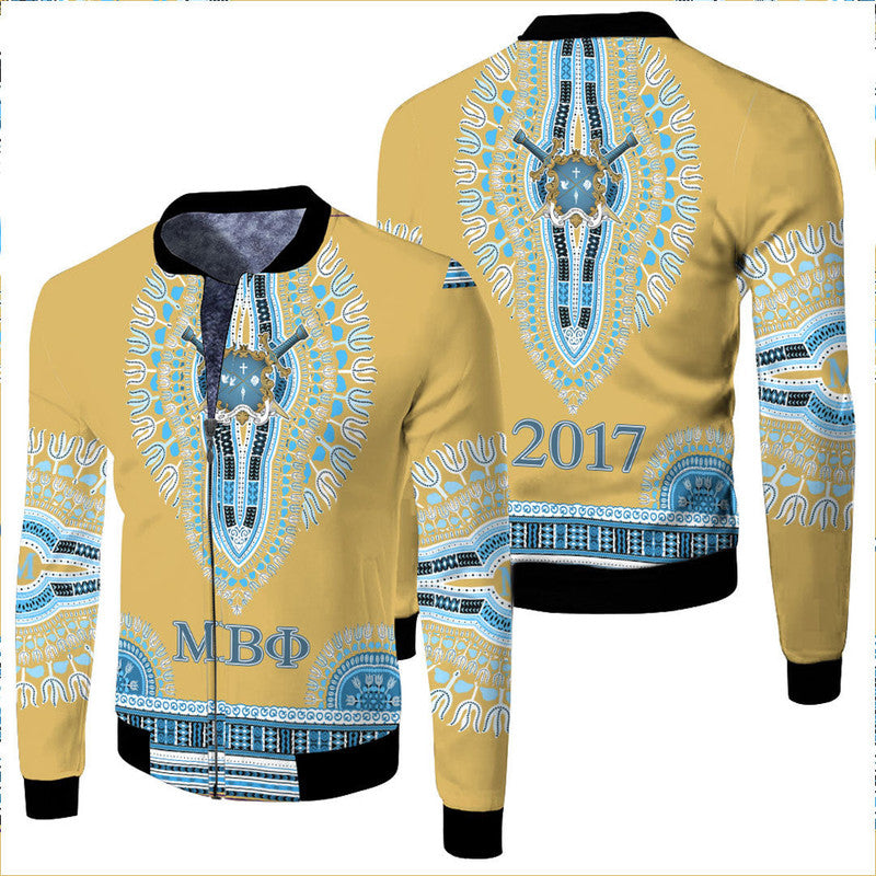 Unisex dashiki fleece jacket, mustard yellow with blue pattern and black cuffs, front/back
