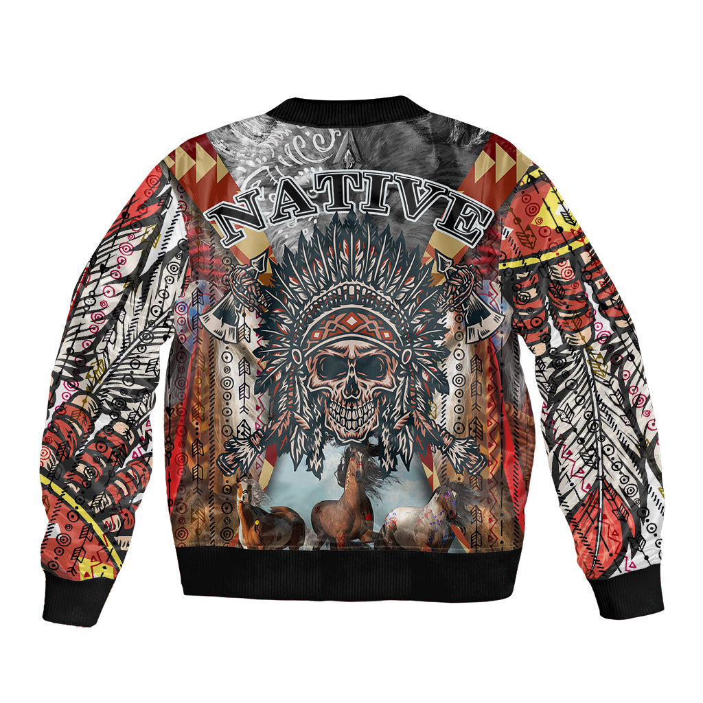 Native American Feather Headdress With Native Horses And Three Wolves In Moonlight African Pattern Sleeve Zip Bomber Jacket - Wonder Print Shop