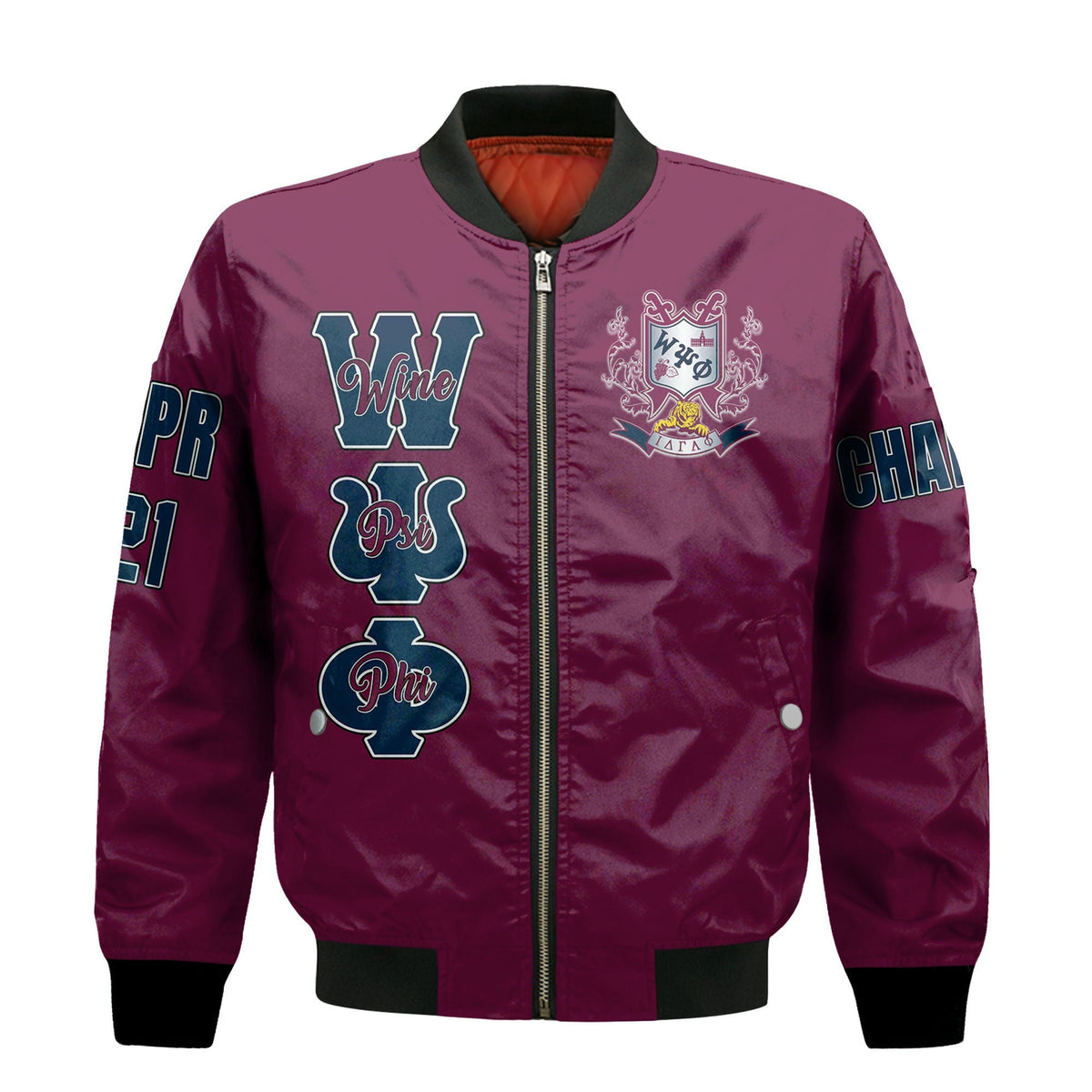 (Custom) Wonder Print Shop Jacket - Wine Psi Phi Sleeve Zip Bomber Jacket RLT8 - Wonder Print Shop