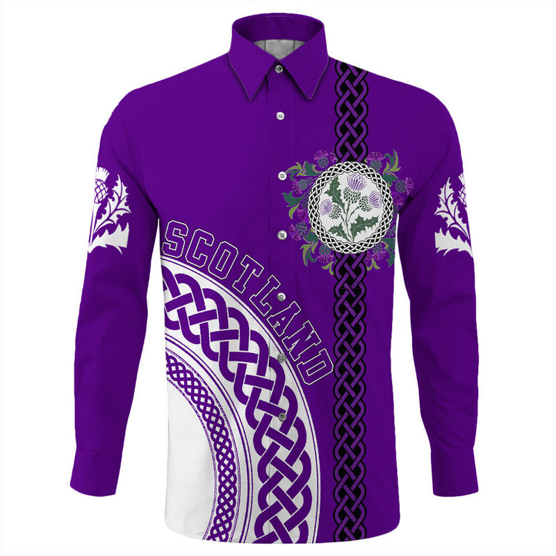 (Custom Text) Scotland Purple Thistle Long Sleeve Button Shirt RLT12 - Wonder Print Shop