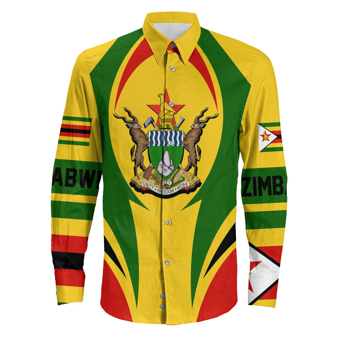 Wonder Print Shop Clothing - Zimbabwe Action Flag Long Sleeves Button Shirt RLT7 - Wonder Print Shop