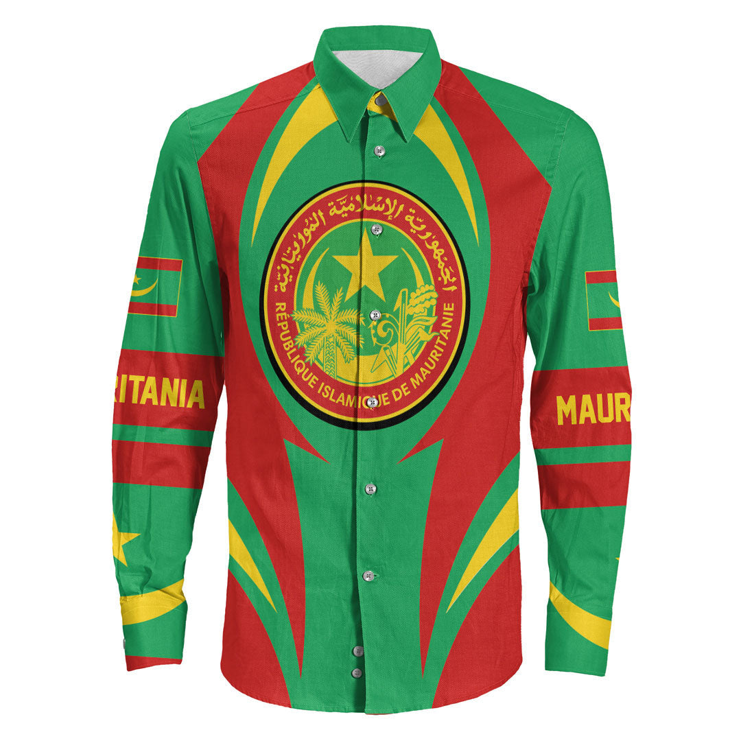 Wonder Print Shop Clothing - Mauritania Action Flag Long Sleeves Button Shirt RLT7 - Wonder Print Shop