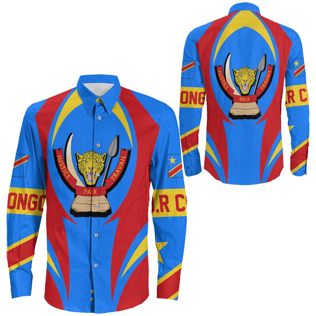 Wonder Print Shop Clothing - Democratic Republic Of The Congo Action Flag Long Sleeves Button Shirt RLT7 - Wonder Print Shop