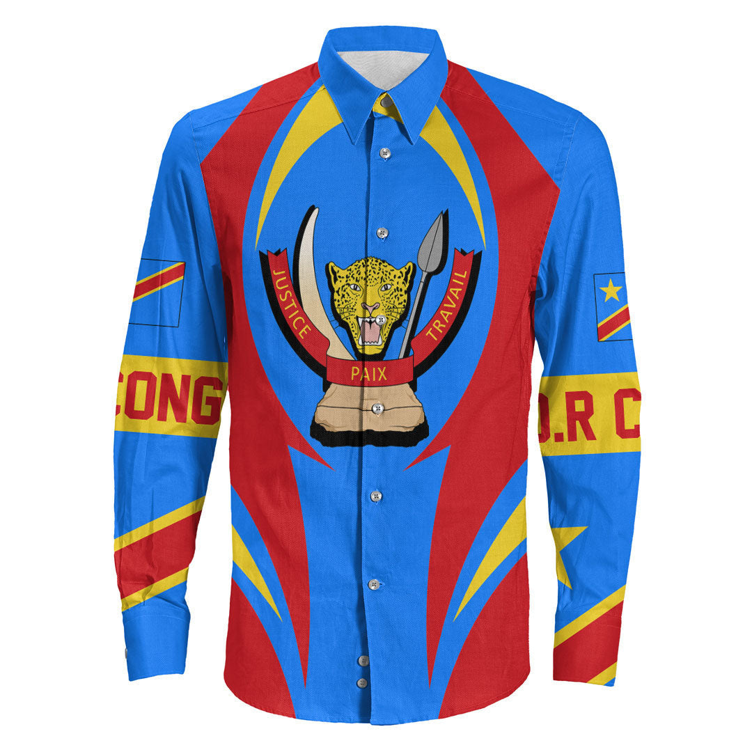 Wonder Print Shop Clothing - Democratic Republic Of The Congo Action Flag Long Sleeves Button Shirt RLT7 - Wonder Print Shop