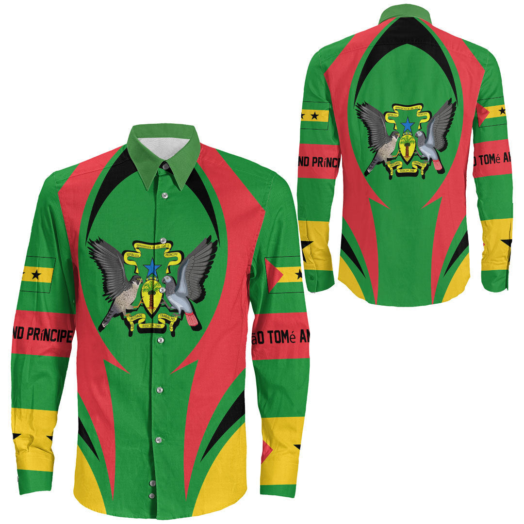 Wonder Print Shop Clothing - S o Tom and Prncipe Action Flag Long Sleeves Button Shirt RLT7 - Wonder Print Shop