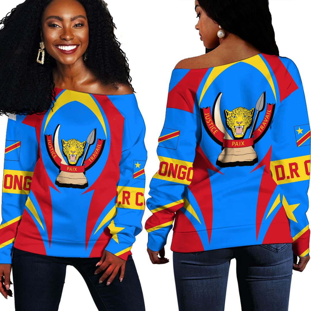 Wonder Print Shop Clothing - Democratic Republic Of The Congo Action Flag Off Shoulder Sweaters RLT7 - Wonder Print Shop