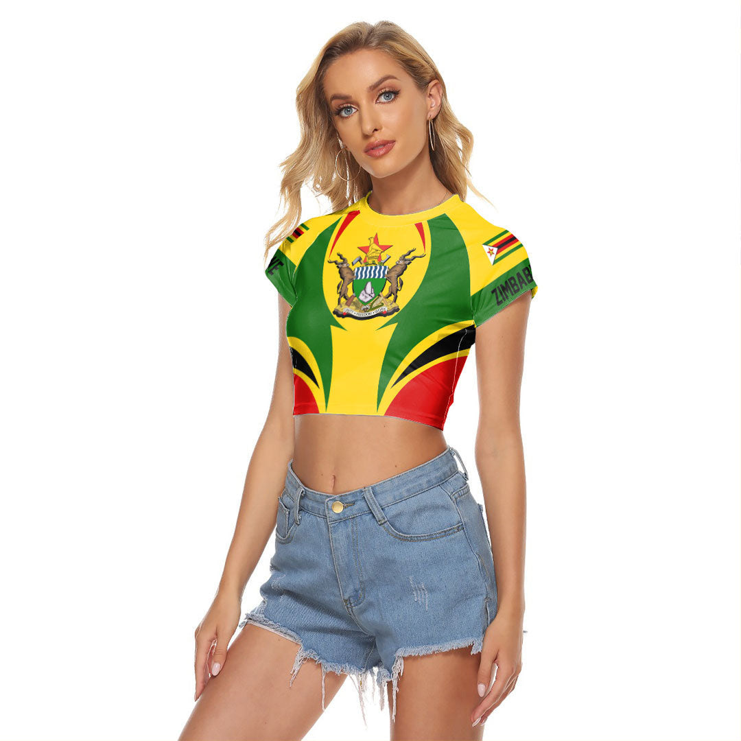 Wonder Print Shop Clothing - Zimbabwe Action Flag Women's Raglan Cropped T shirt RLT7 - Wonder Print Shop
