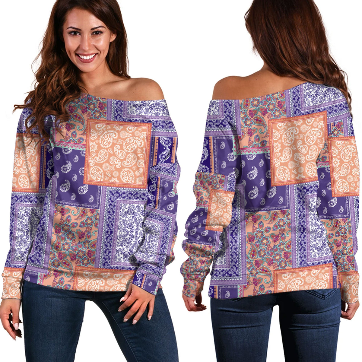 Paisley Bandana Pattern Seamless Off Shoulder Sweaters Ver.159 RLT13 - Wonder Print Shop