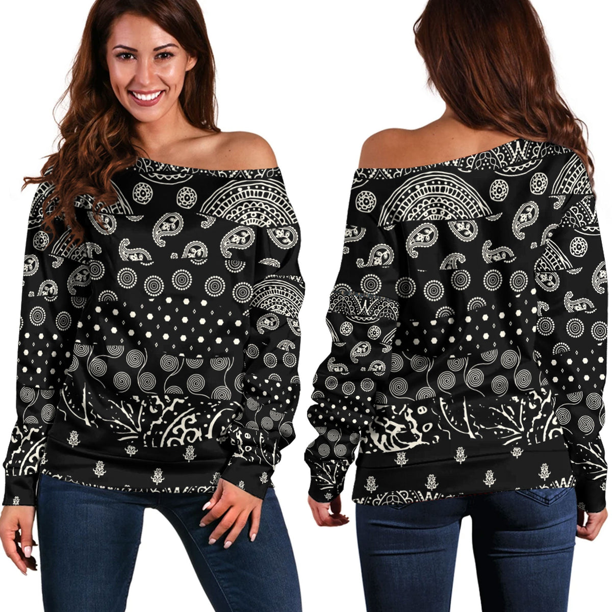 Paisley Bandana Pattern Seamless Off Shoulder Sweaters Ver.207 RLT13 - Wonder Print Shop