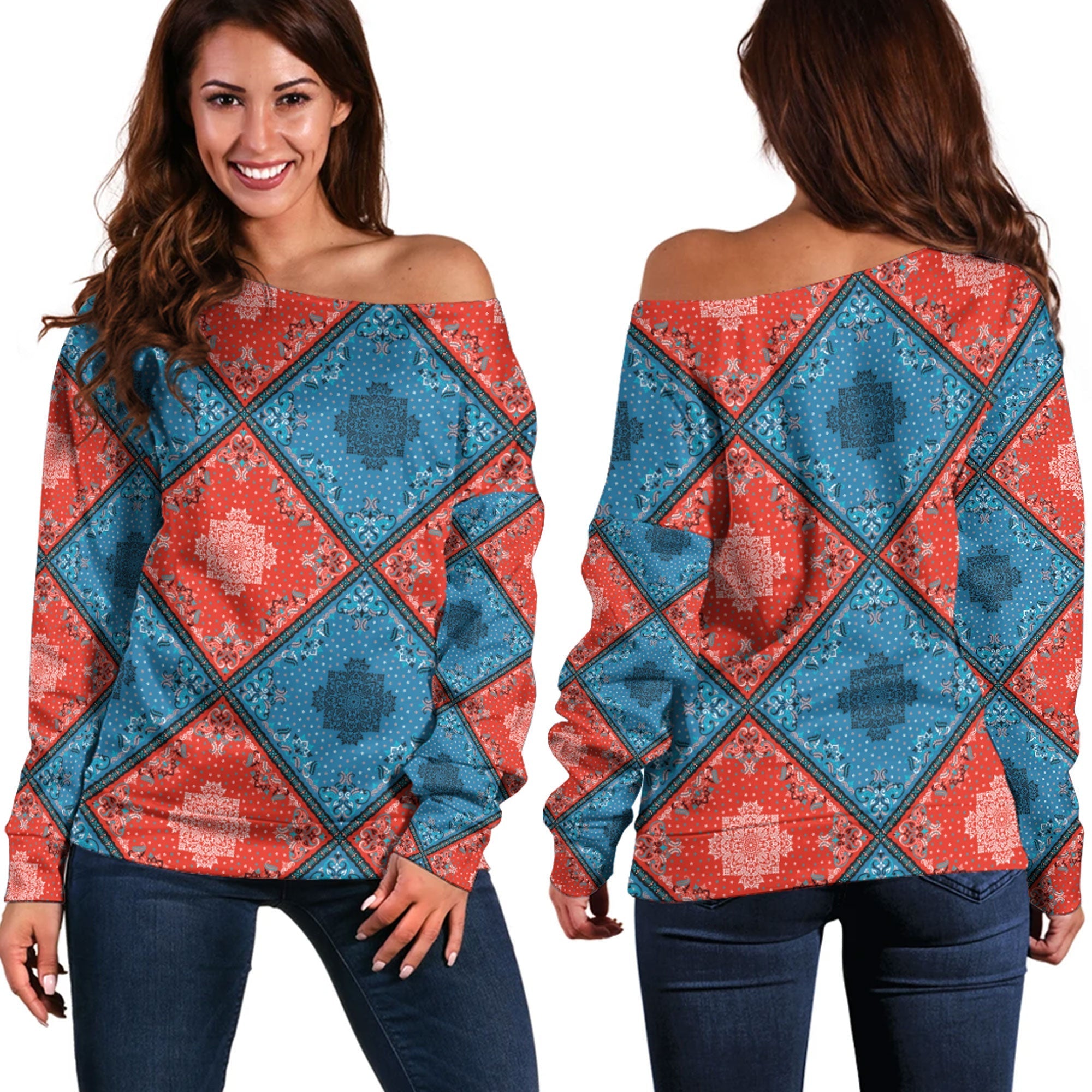 Paisley Bandana Pattern Seamless Off Shoulder Sweaters Ver.199 RLT13 - Wonder Print Shop