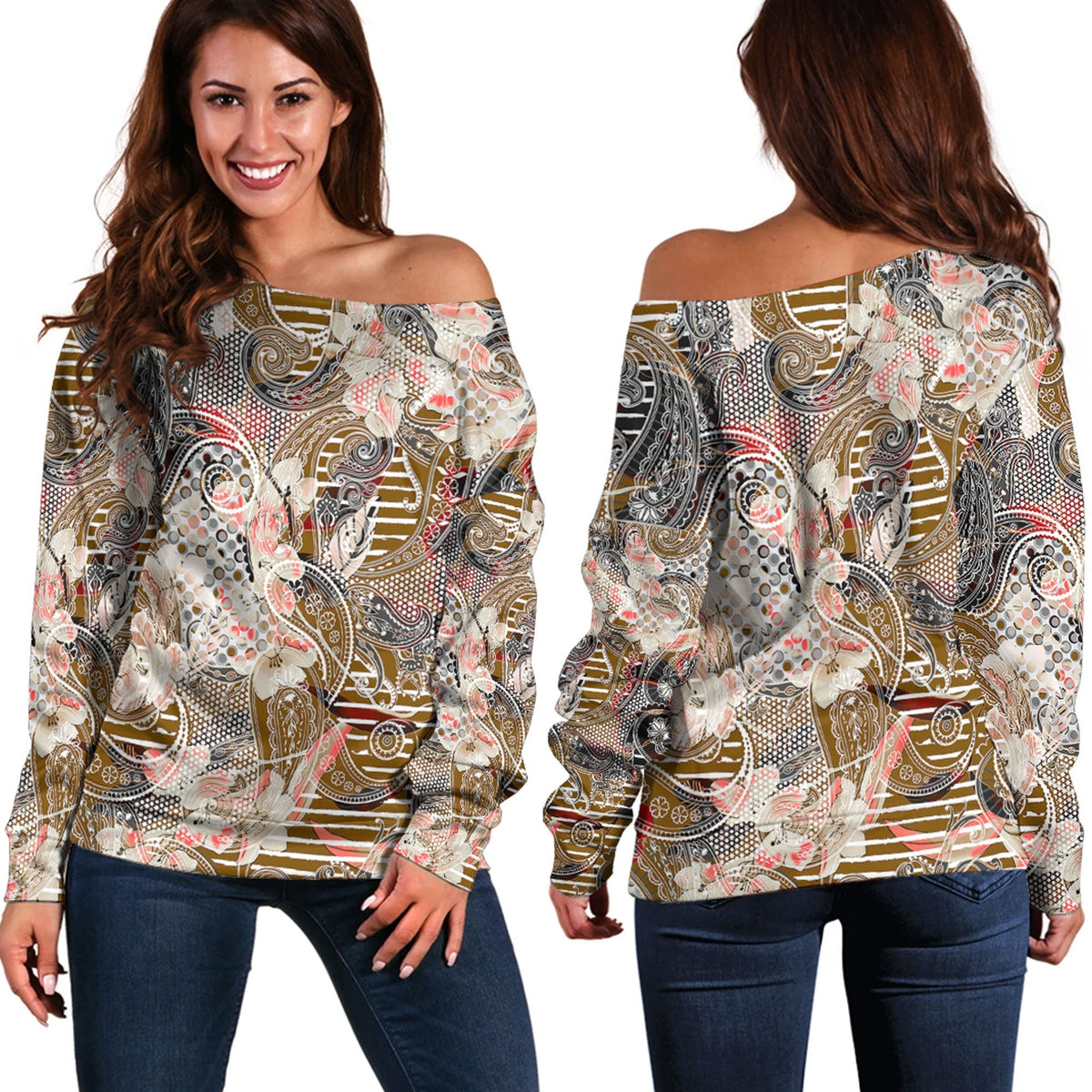 Paisley Bandana Pattern Seamless Off Shoulder Sweaters Ver.202 RLT13 - Wonder Print Shop