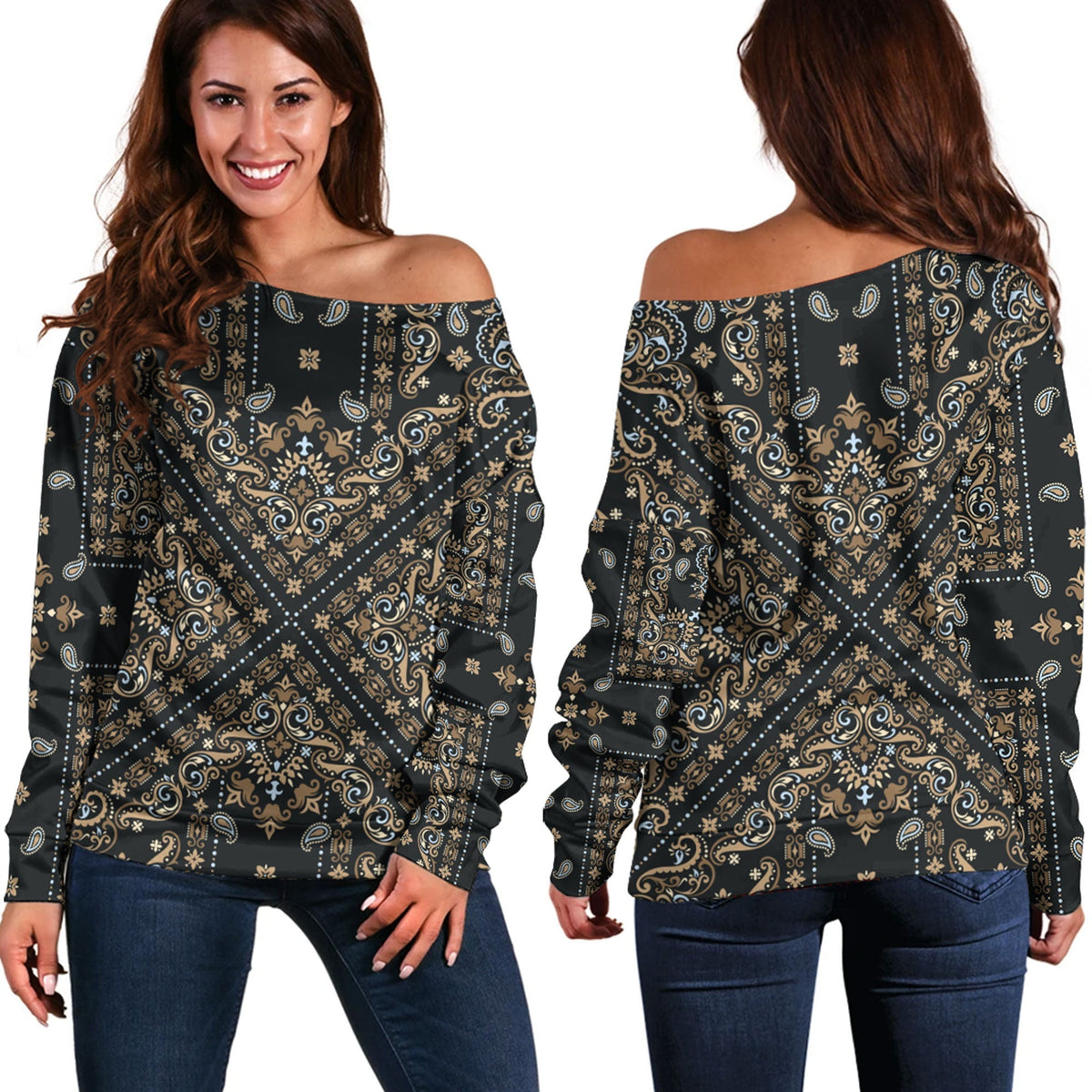 Paisley Bandana Pattern Seamless Off Shoulder Sweaters Ver.196 RLT13 - Wonder Print Shop