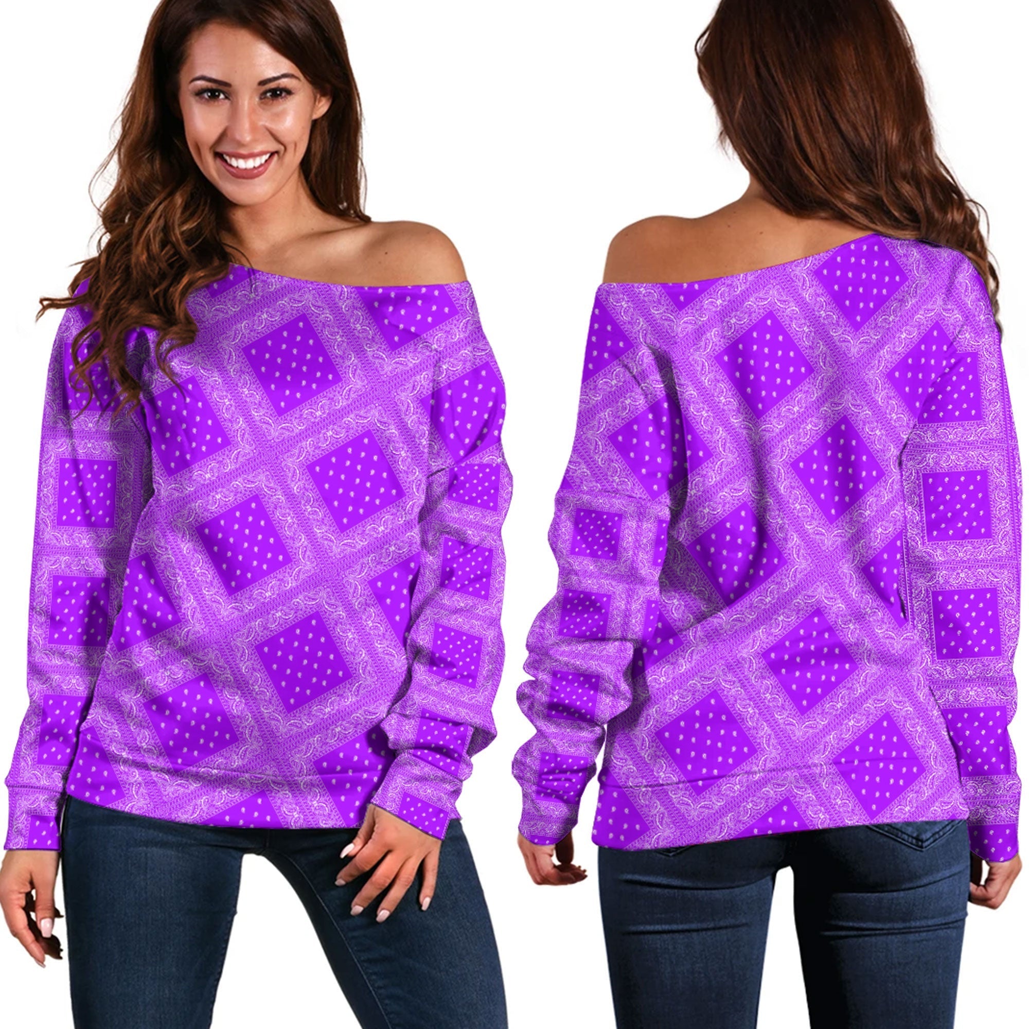 Paisley Bandana Pattern Seamless Purple Off Shoulder Sweaters RLT13 - Wonder Print Shop
