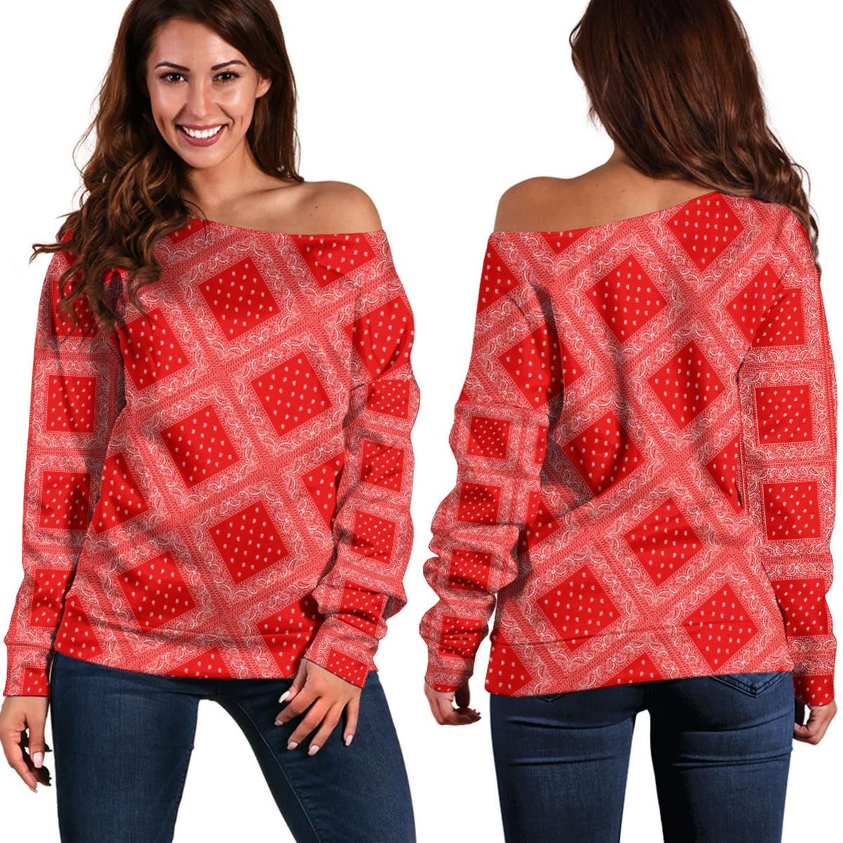 Paisley Bandana Pattern Seamless Red Off Shoulder Sweaters Ver.02 RLT13 - Wonder Print Shop