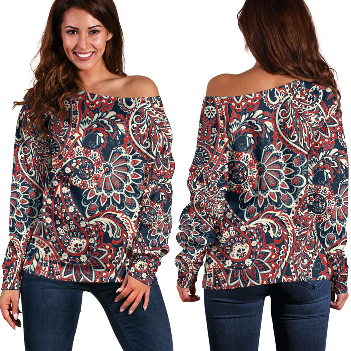 Paisley Bandana Pattern Seamless Off Shoulder Sweaters Ver.212 RLT13 - Wonder Print Shop