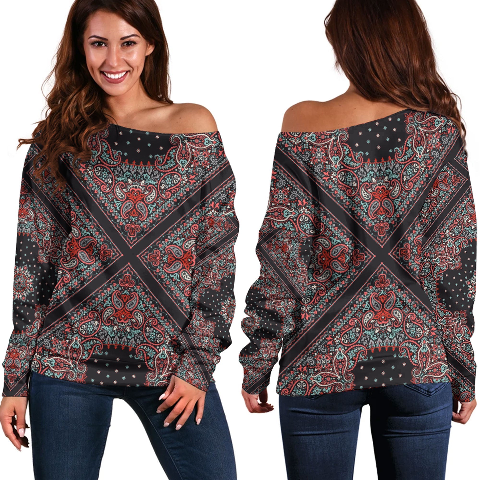 Paisley Bandana Pattern Seamless Off Shoulder Sweaters Ver.164 RLT13 - Wonder Print Shop