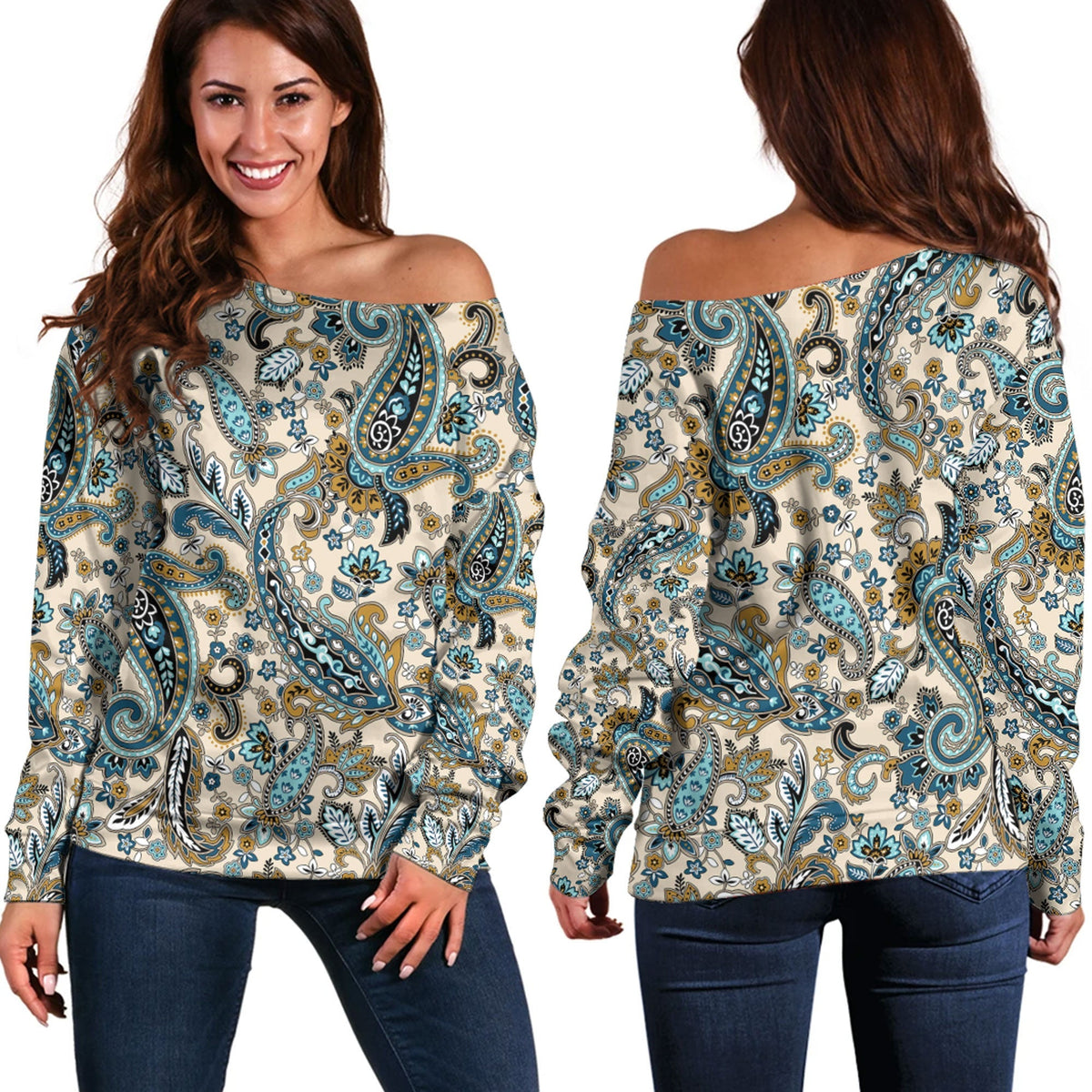 Paisley Bandana Pattern Seamless Off Shoulder Sweaters Ver.129 RLT13 - Wonder Print Shop