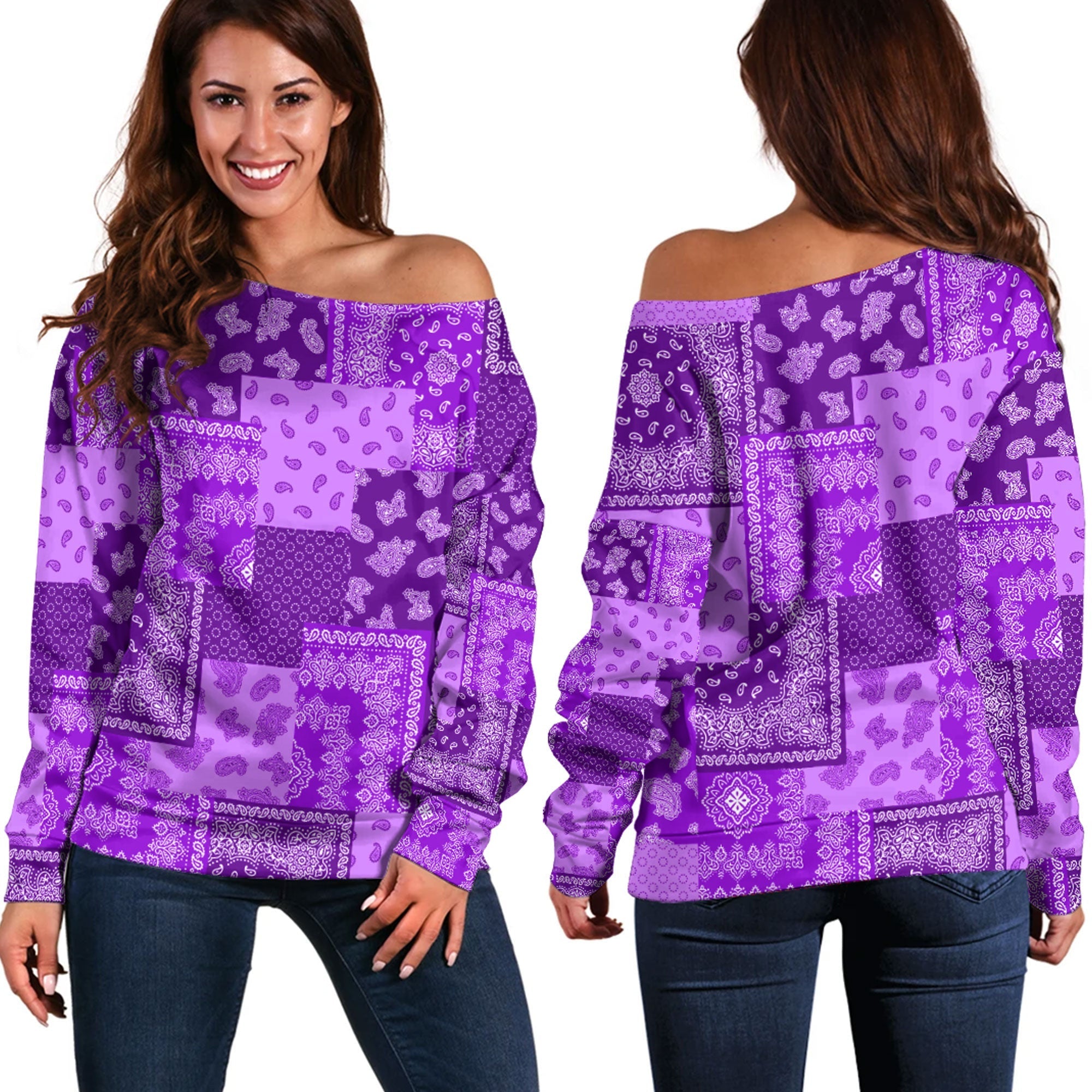 Paisley Bandana Pattern Seamless Purple Off Shoulder Sweaters Ver.02 RLT13 - Wonder Print Shop