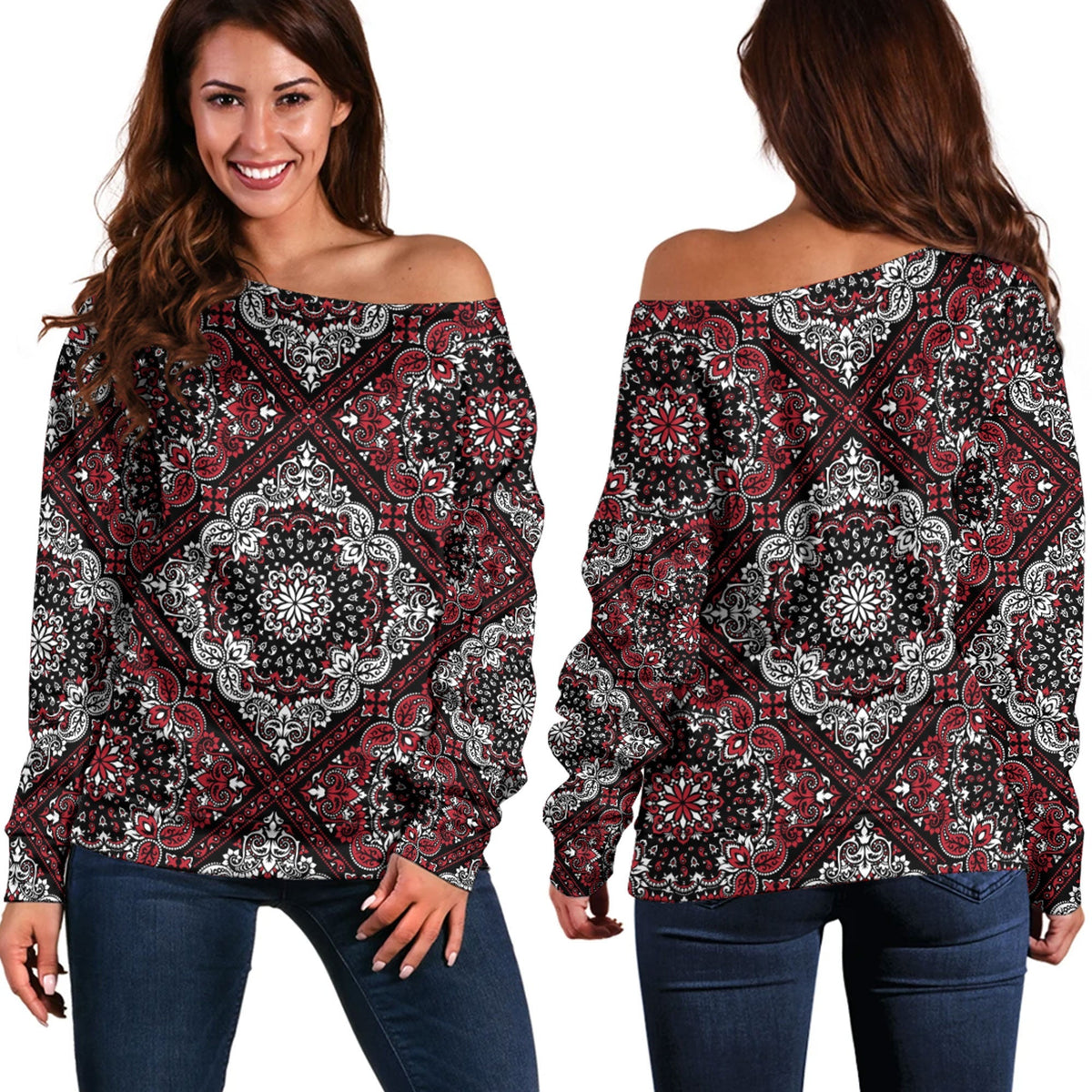 Paisley Bandana Pattern Seamless Off Shoulder Sweaters Ver.173 RLT13 - Wonder Print Shop