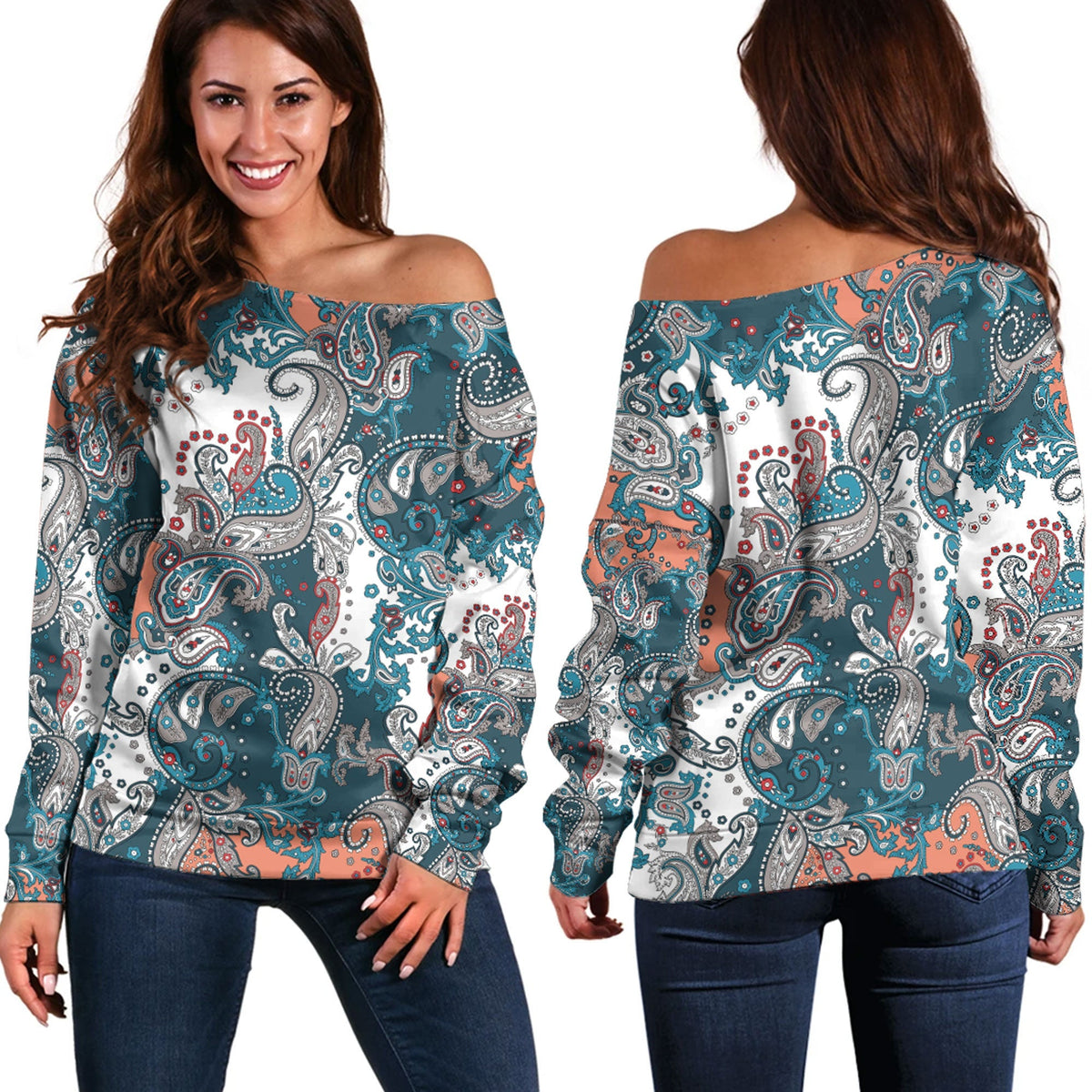 Paisley Bandana Pattern Seamless Off Shoulder Sweaters Ver.179 RLT13 - Wonder Print Shop