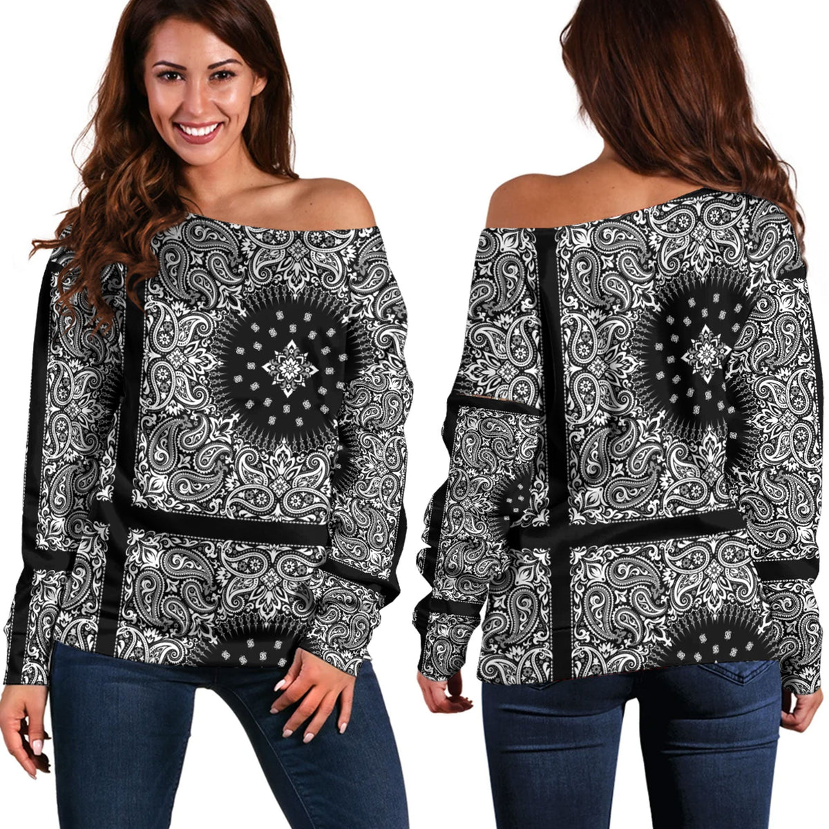 Paisley Bandana Pattern Seamless Off Shoulder Sweaters Ver.156 RLT13 - Wonder Print Shop