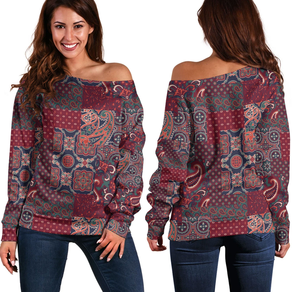 Paisley Bandana Pattern Seamless Off Shoulder Sweaters Ver.166 RLT13 - Wonder Print Shop