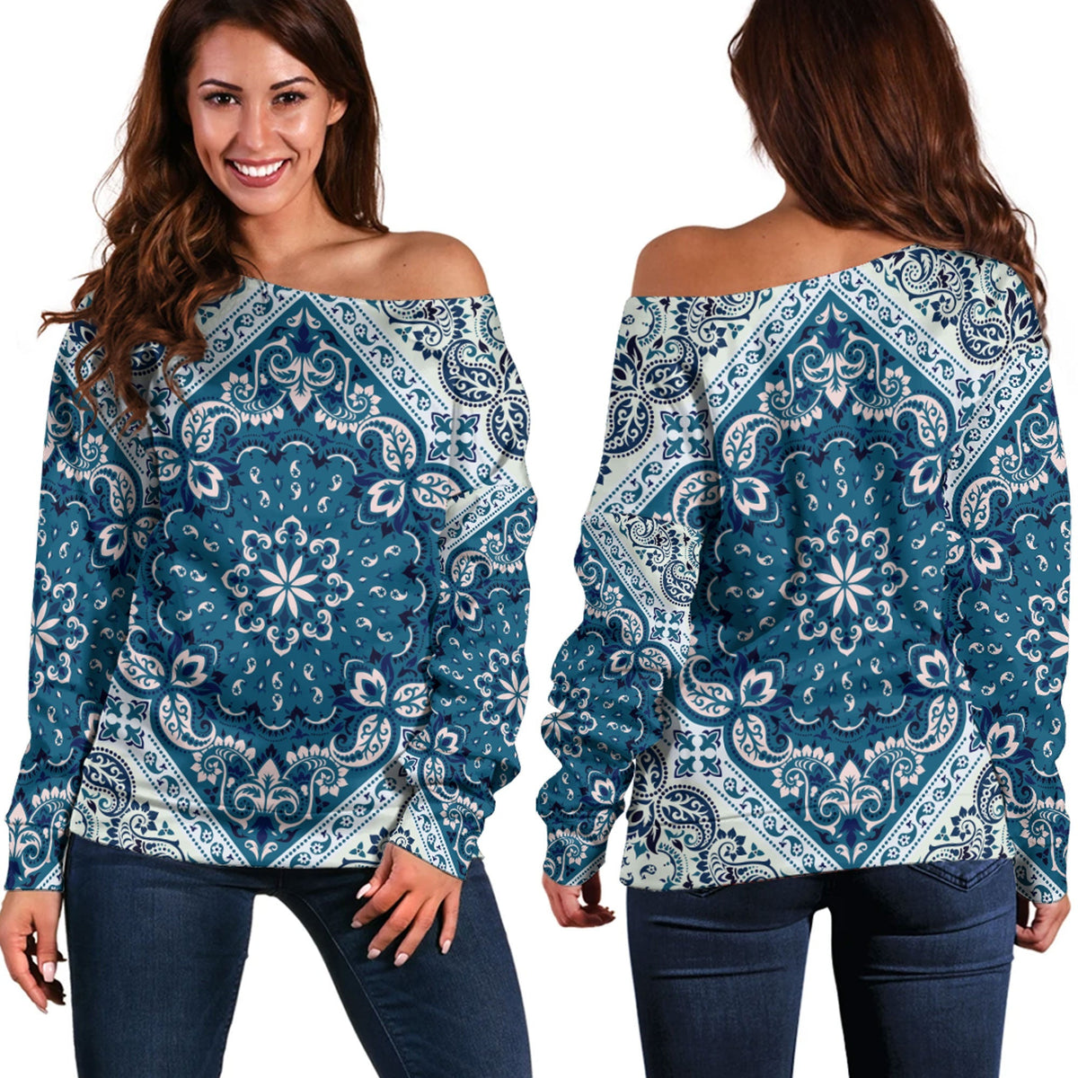 Paisley Bandana Pattern Seamless Off Shoulder Sweaters Ver.168 RLT13 - Wonder Print Shop