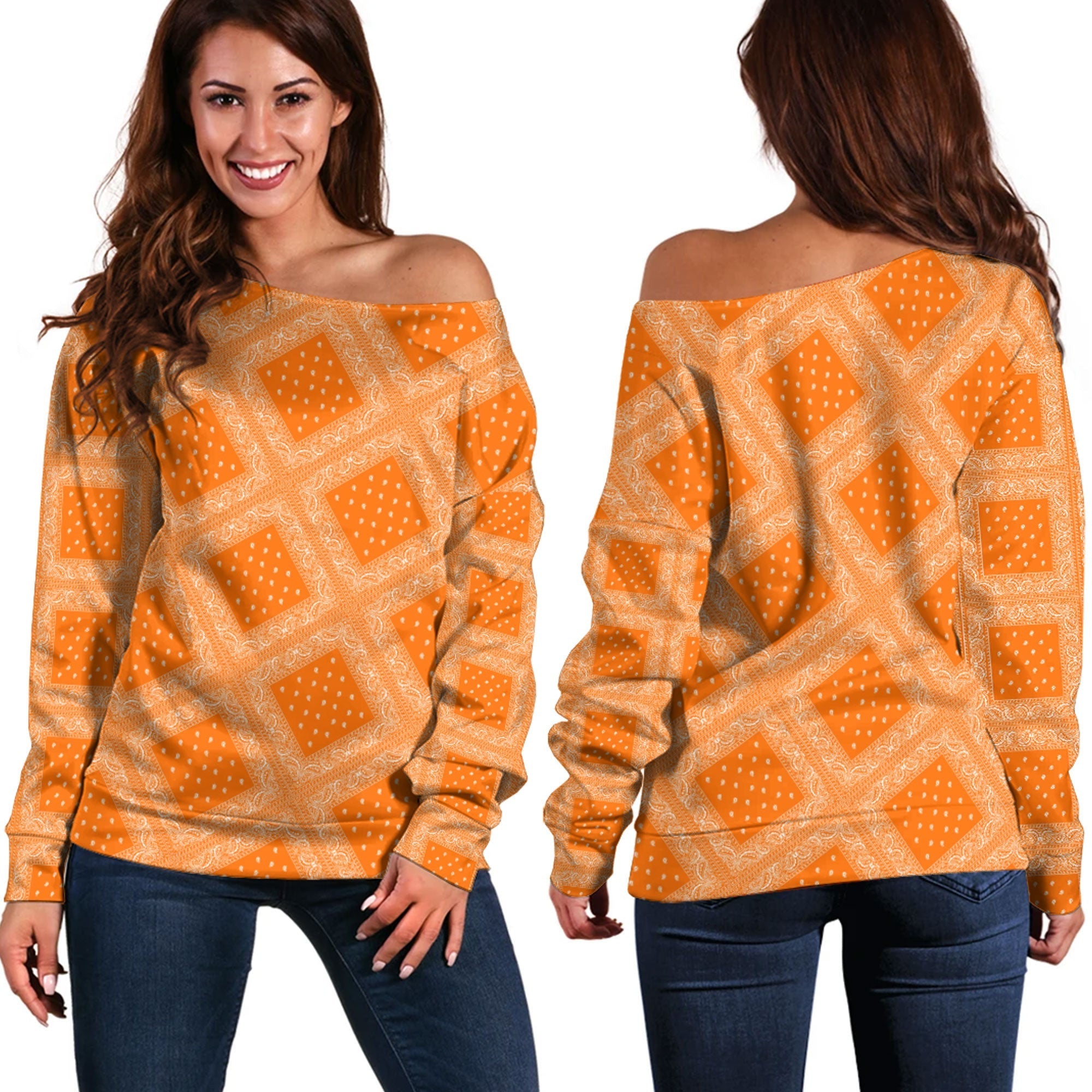 Paisley Bandana Pattern Seamless Orange Off Shoulder Sweaters RLT13 - Wonder Print Shop