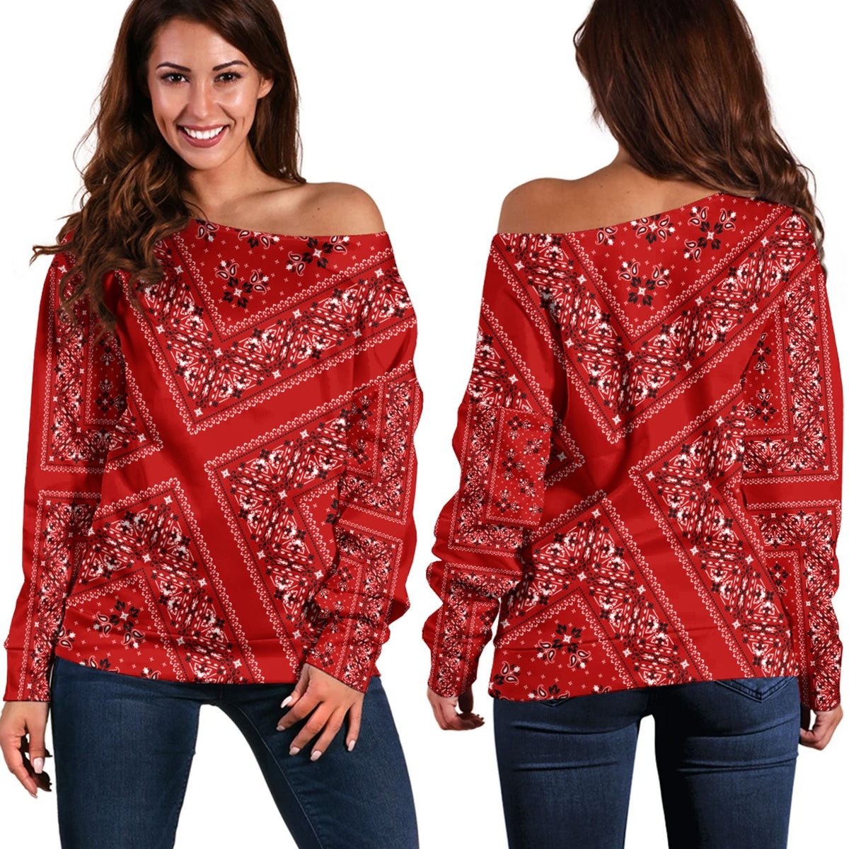 Paisley Bandana Pattern Seamless Off Shoulder Sweaters Ver.151 RLT13 - Wonder Print Shop