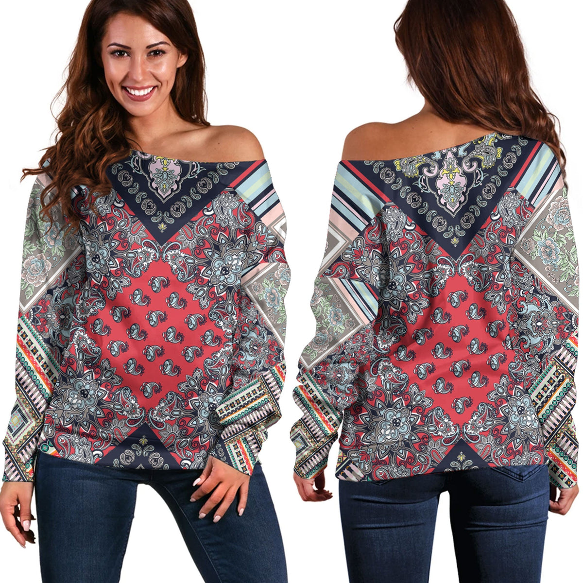 Paisley Bandana Pattern Seamless Off Shoulder Sweaters Ver.176 RLT13 - Wonder Print Shop