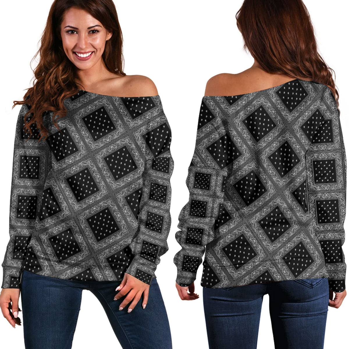 Paisley Bandana Pattern Seamless Black Off Shoulder Sweaters RLT13 - Wonder Print Shop