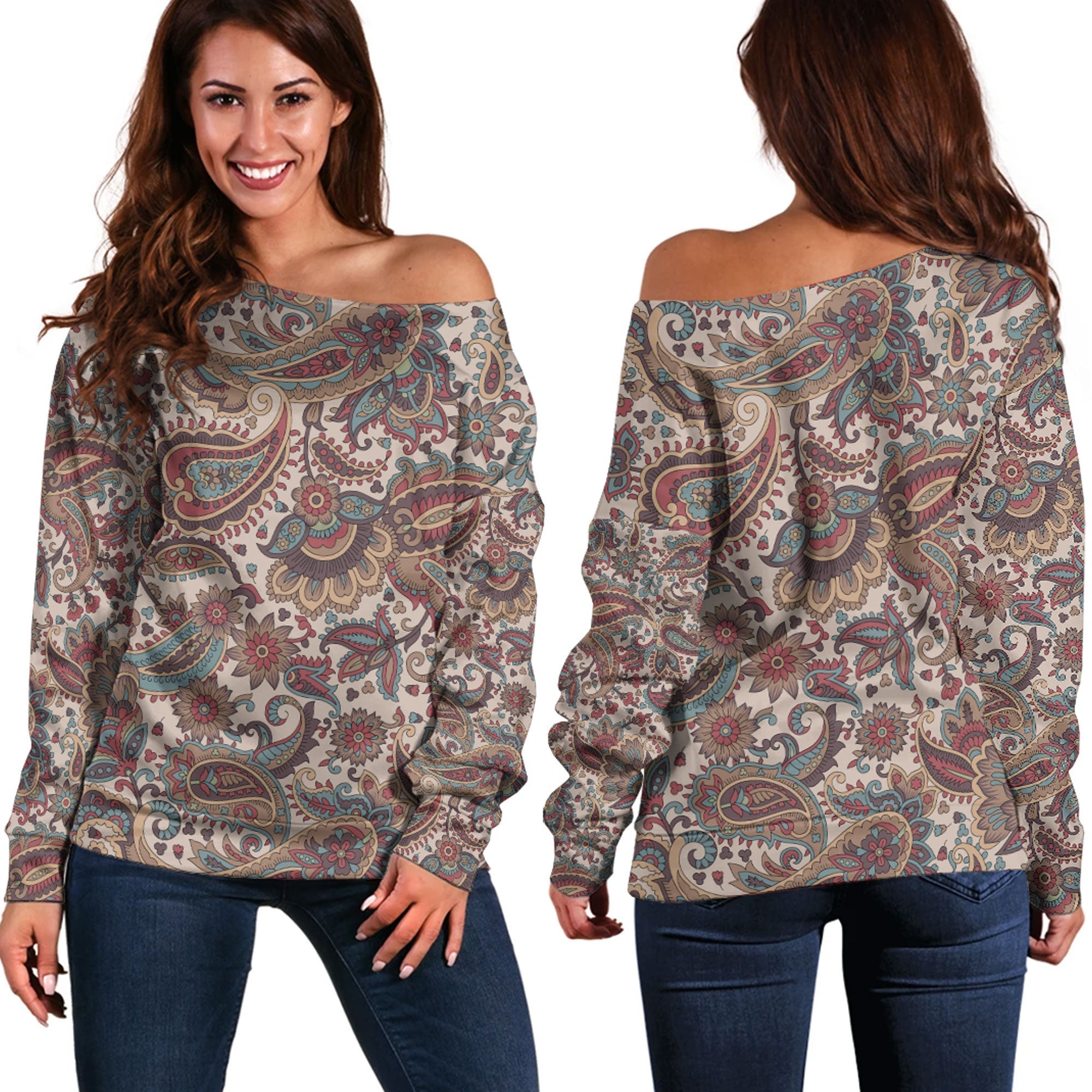 Paisley Bandana Pattern Seamless Off Shoulder Sweaters Ver.177 RLT13 - Wonder Print Shop
