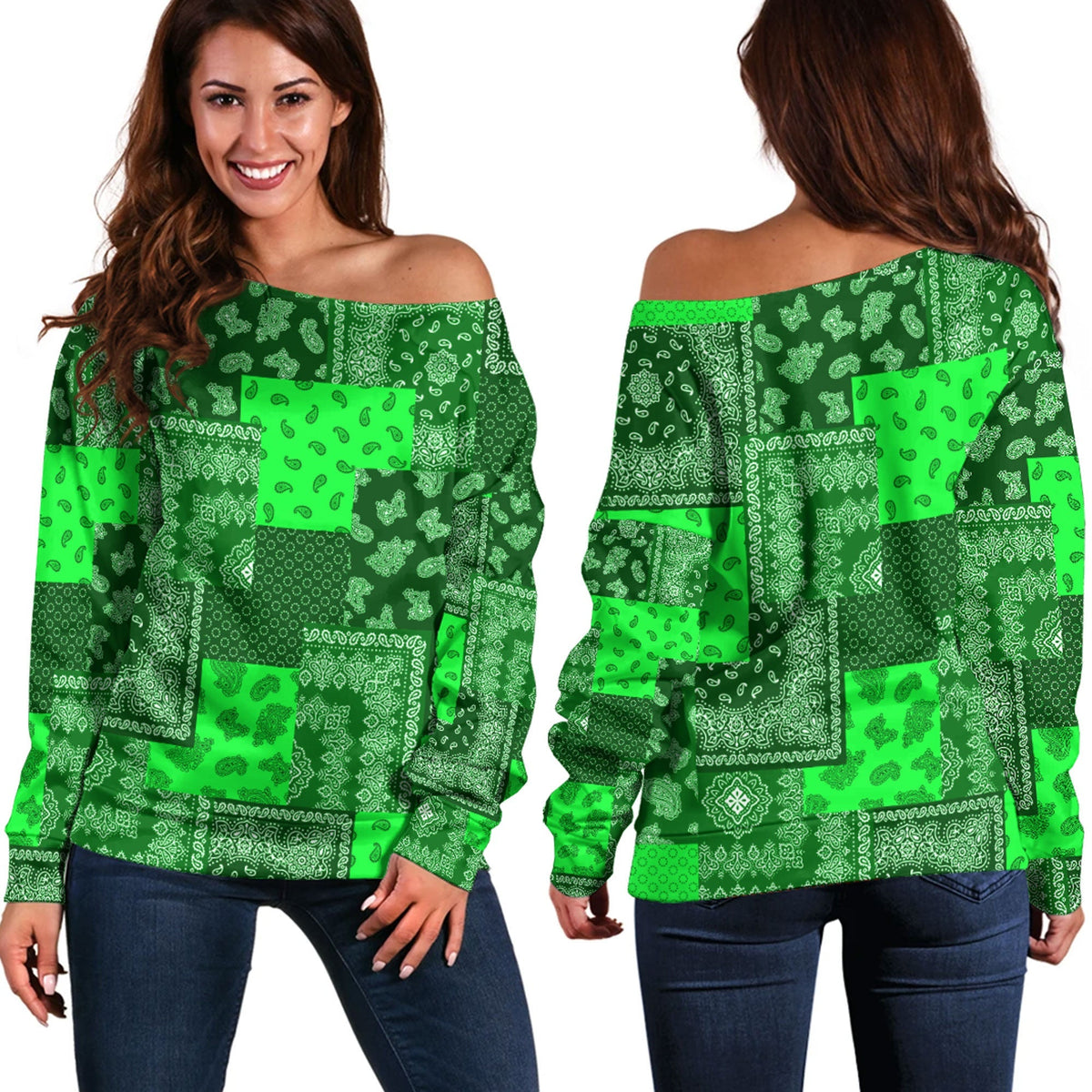 Paisley Bandana Pattern Seamless Green Off Shoulder Sweaters Ver.02 RLT13 - Wonder Print Shop
