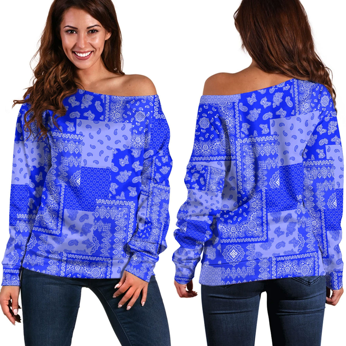 Paisley Bandana Pattern Seamless Blue Off Shoulder Sweaters RLT13 - Wonder Print Shop