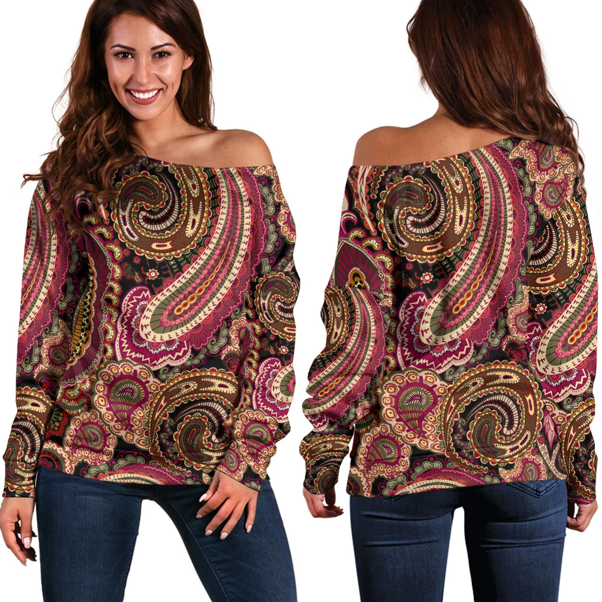 Paisley Bandana Pattern Seamless Off Shoulder Sweaters Ver.158 RLT13 - Wonder Print Shop