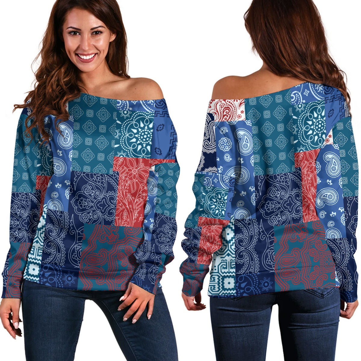 Paisley Bandana Pattern Seamless Off Shoulder Sweaters Ver.105 RLT13 - Wonder Print Shop