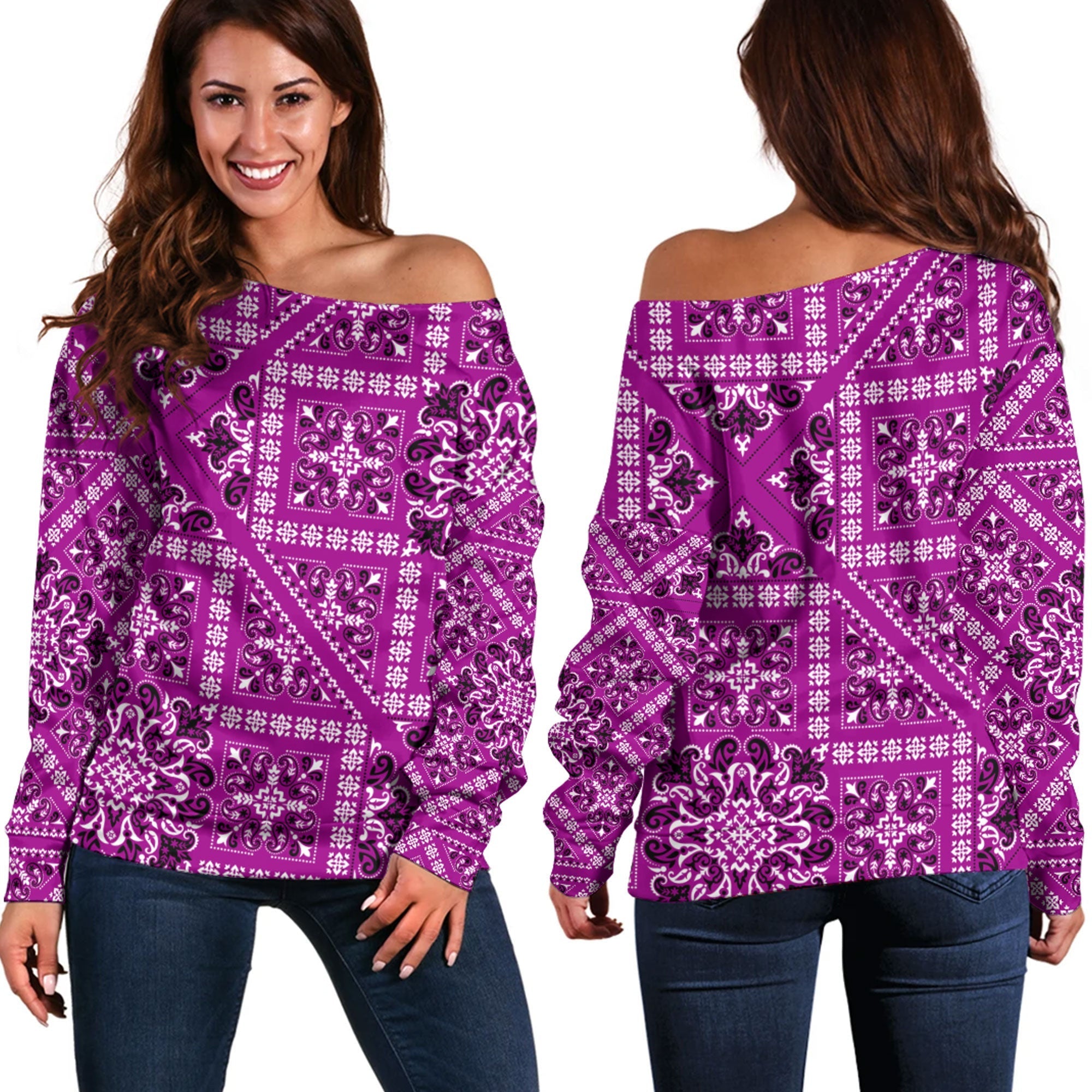 Paisley Bandana Pattern Seamless Off Shoulder Sweaters Ver.43 RLT13 - Wonder Print Shop