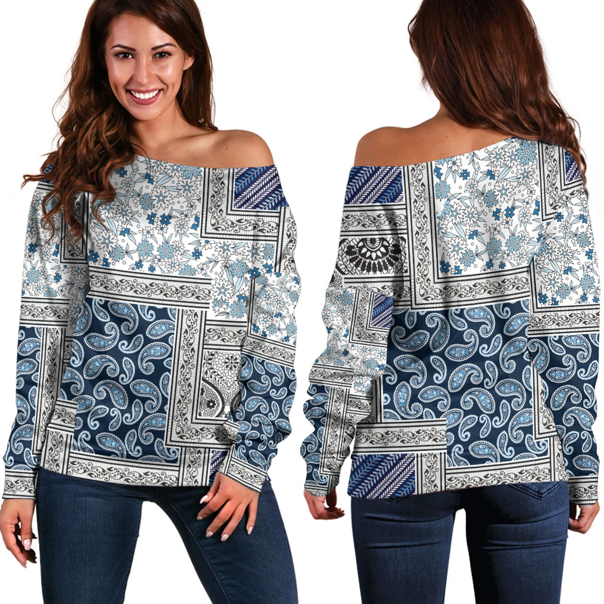 Paisley Bandana Pattern Seamless Off Shoulder Sweaters Ver.95 RLT13 - Wonder Print Shop