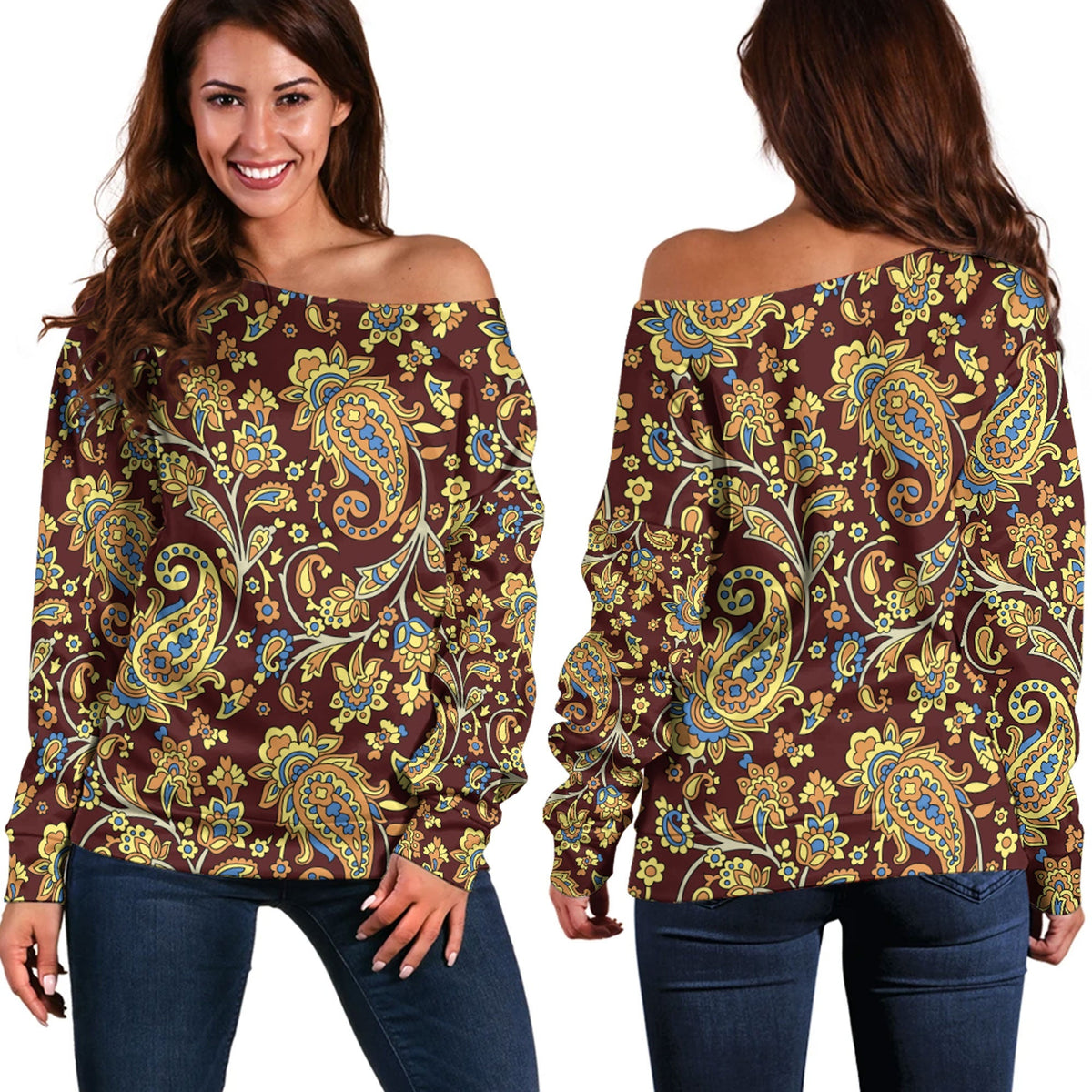 Paisley Bandana Pattern Seamless Off Shoulder Sweaters Ver.40 RLT13 - Wonder Print Shop