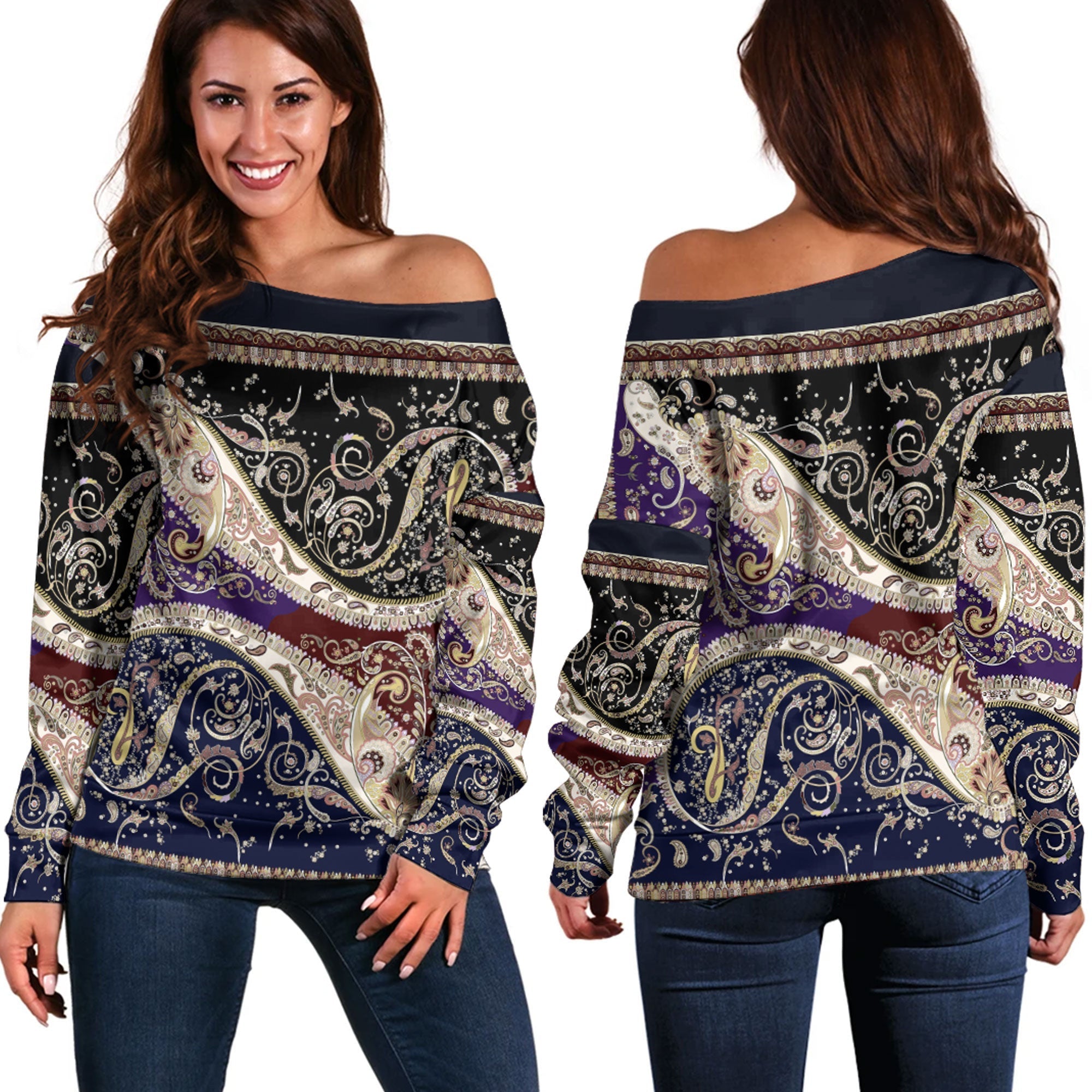 Paisley Bandana Pattern Seamless Off Shoulder Sweaters Ver.89 RLT13 - Wonder Print Shop