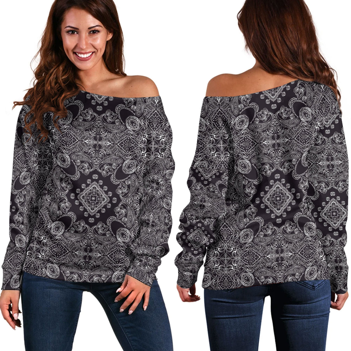 Paisley Bandana Pattern Seamless Off Shoulder Sweaters Ver.45 RLT13 - Wonder Print Shop
